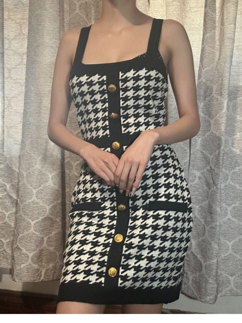 Coco & Shay Black & White Houndstooth Knit Tank Dress with Gold Buttons. Size L